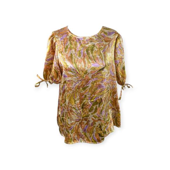 Golden Crinkle Abstract Floral Satin Blouse with sleeve ties - Picture 1 of 9